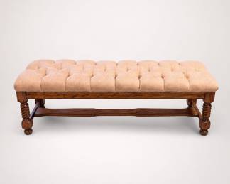 Lot 183: Tufted Upholstered Bench with Turned Oak Legs