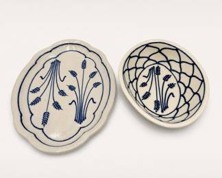 Lot 154: Studio Pottery Blue & White Wheat Motif Dish & Bowl