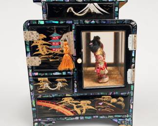 Lot 264: Japanese Black Lacquer Musical Jewelry Box with Geisha Doll