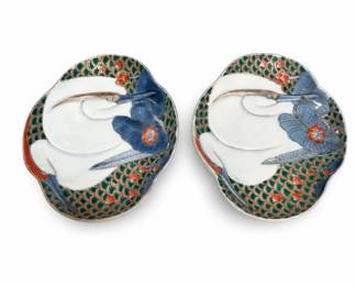 Lot 456: Pair of Japanese Imari Egret & Iris Dishes