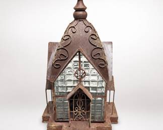 Lot 465: Church-Shaped Metal & Glass Candle Lantern