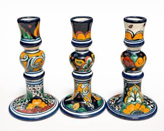 Lot 415: 3 Mexican Talavera-Style Ceramic Candlesticks