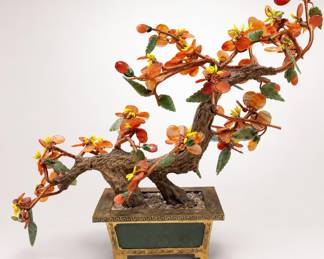 Lot 270: Carnelian & Jade Gem Tree in Jade-Inset Brass Planter