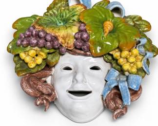 Lot 300: Italian Majolica Bacchus Wall Mask with Grapes & Ribbons