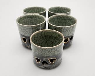 Lot 134: Set of 5 Japanese Soma-yaki Style Double-Walled Tea Cups