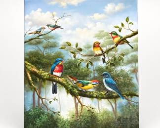 Lot 182: Oil on Canvas Painting of Songbirds on Branches