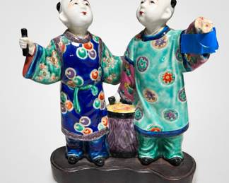 Lot 445: Chinese Famille Rose Porcelain Figural Group of Two Boys