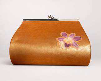 Lot 990: Copper Vinyl Kiss-Lock Clutch with Pressed Orchid