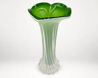 Lot 150: Green & White Cased Glass Flower-Form Bud Vase