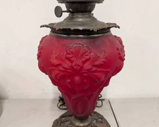 Victorian Cranberry Satin Glass Oil Lamp