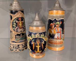 German Pottery Beer Steins, Pewter Lids