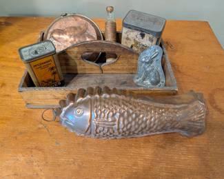 Early Treenware & Tinware w/ Fish Mold