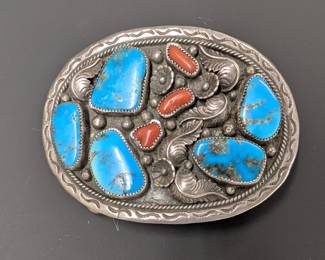 Southwest Turquoise and Coral Belt Buckle