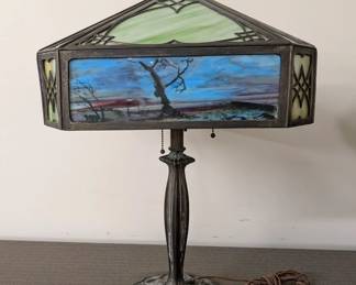 Arts & Crafts Slag Glass Lamp, Scenic Panels