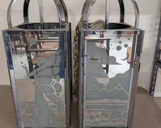 Pair Art Deco Chrome/Etched Glass Hanging Lanterns