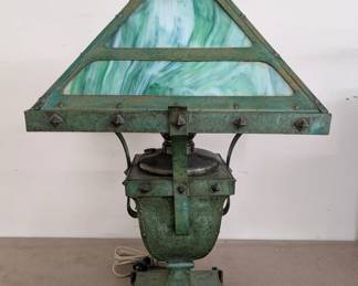 Arts/Crafts Patinated Metal/Slag Glass Table Lamp