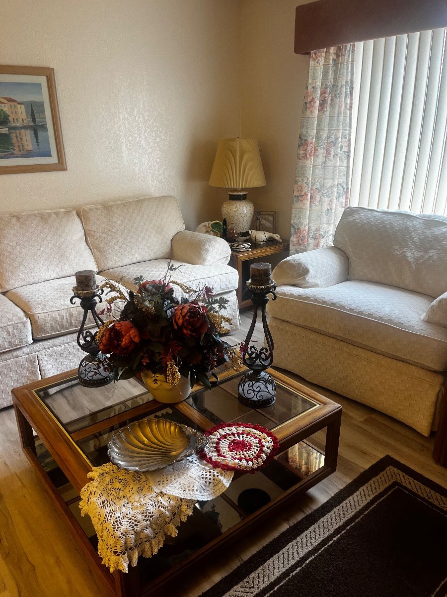 Beige couch chair, coffee/side tables
