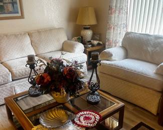 Beige couch chair, coffee/side tables