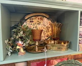 Brass, colored glass & floral platter