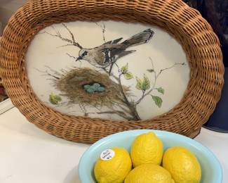 Vintage Oval wall hanging featuring a bird's nest scene, lemons, small blue ceramic bowl