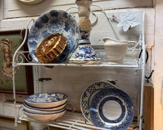 beautiful blue and white candlestick, creamer, blue and white plates, molds