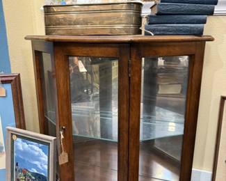 Vintage wood & glass curio display cabinet with hexagonal design