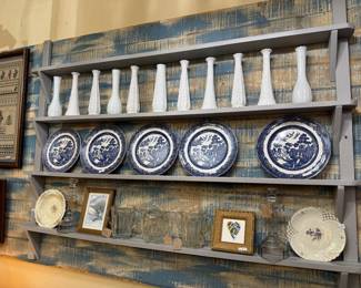 vintage milk glass vases, blue willow plates