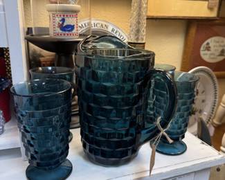 Colony Whitehall pitcher in the rare Riviera blue color with matching glasses