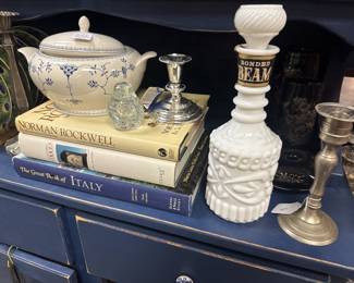 Jim Beam decanter, silver candlesticks, soup tureen, coffee table books