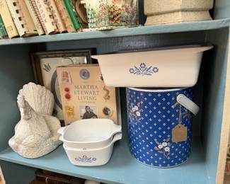 vintage corn flower blue Corning ware, vintage cookbooks
