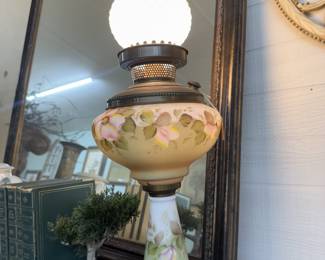 Gone with the Wind style oil lamps with hand-painted floral design and brass base
