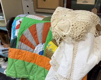 Vintage fan pattern quilt, floral art, crocheted pieces