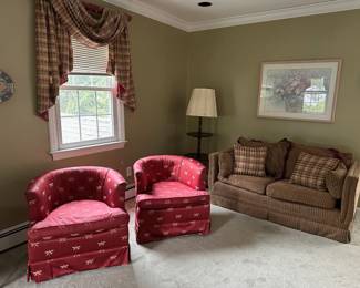 Love Seat, Pair of Club Chairs