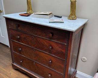 Antique Flame Mahogany Marble Top Chest of Drawers
