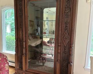 Antique Display Cabinet - Carved Wood Features, Mirrored Back, Glass Shelves - Will Come Apart