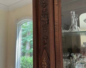 Antique Display Cabinet - Carved Wood Features, Mirrored Back, Glass Shelves - Will Come Apart