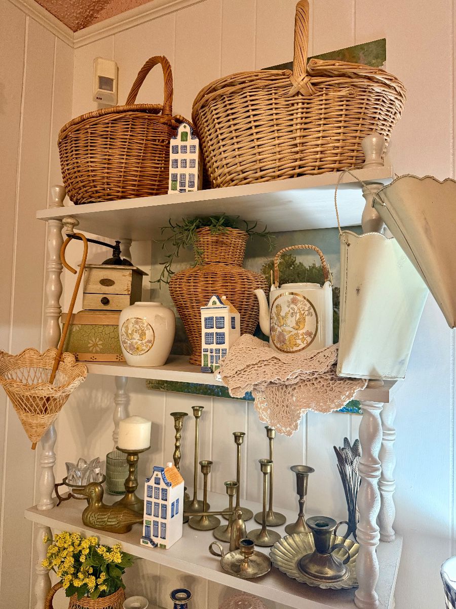 Brass Candle Sticks Wicker Baskets Vases Vintage Cottage Core