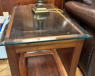 #58 Wood Table w/Glass Top (glass top Corner is Broken - needs replacing - 20x34x20 $25.00