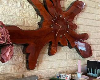 #50 Vintage Redwood Antique Wall Clock cut from Tree w/Shellac/Resin Top Coat - approx 36H x 27T $125.00