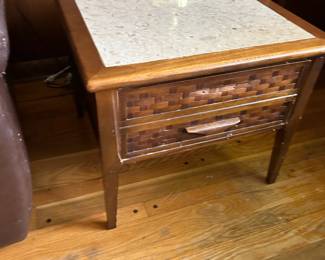 #40 Wood Square End Table w/1 drawer and inset Marble Top (small finish issues) - 24x24x20 $60.00