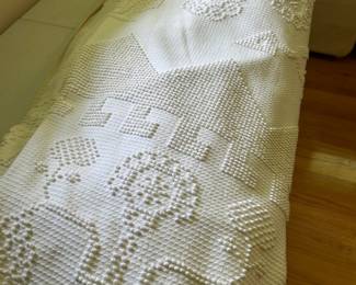 #65 King Size Chenille Bed Coverlet (has one large Stain) approx 102x102 $30.00