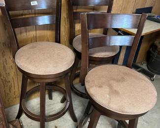 #116 Set of 3 Wood w/fabric Swivel Bar Stools - (some finish issues) - 31 Seat Height $50.00