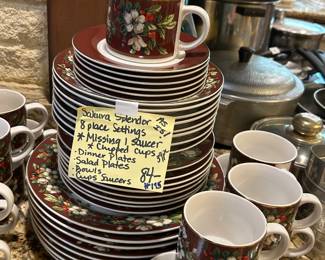 #195 Sajura Splendor Burgandy China 8 place settings - 39 pieces and 1 chipped cup $84.00