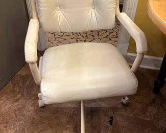 #99 Wood Butcher Block Table w/leaf and Green Painted Legs comes with 4 white ChromKraft White Vinyl Rolling Chairs - (as is condition of Chairs - Stained) - 54-82x42x31 $150.00