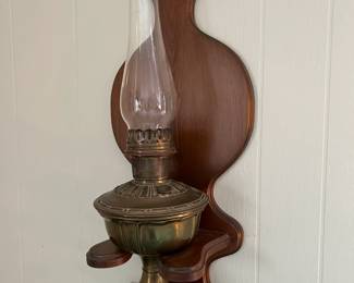#82 Brass Oil Hurricane Lamp w/Wood Wall Holder - 24x8 $75.00