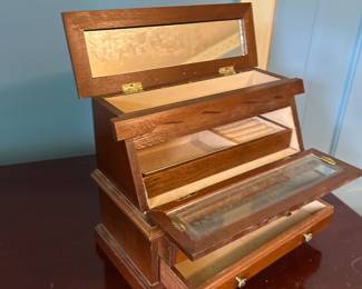 #36 Wood Jewelry Box 2 drawers and drop down glass and flip-up Mirror - Felt-lined - 11x6x9 $25.00