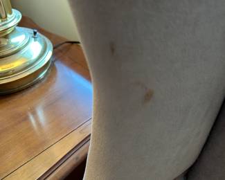 #6 Pembrook Pair of Matching Side Chairs Salmon Velvet - (one has small stain) $75.00