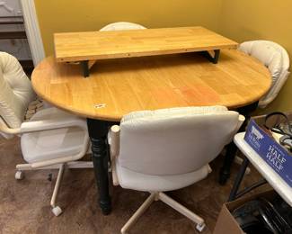 #99 Wood Butcher Block Table w/leaf and Green Painted Legs comes with 4 white ChromKraft White Vinyl Rolling Chairs - (as is condition of Chairs - Stained) - 54-82x42x31 $150.00