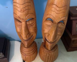 #70 Mid-Century Hand-Carved Pair of Tiki Decorative Masks 3.5x14 $35.00