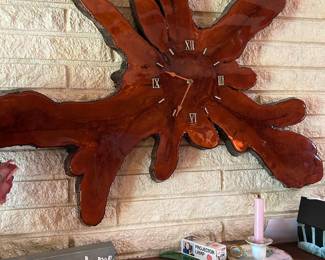 #50 Vintage Redwood Antique Wall Clock cut from Tree w/Shellac/Resin Top Coat - approx 36H x 27T $125.00